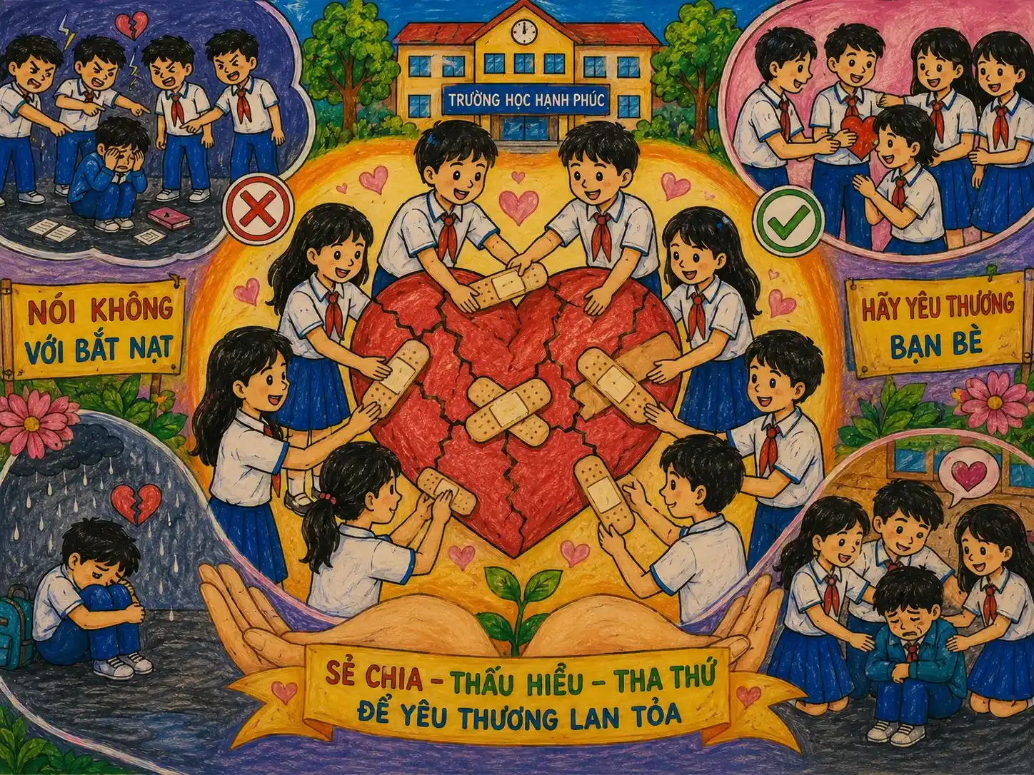 Vẽ tranh bạo lực học đường biểu tượng trái tim nứt vỡ được hàn gắn