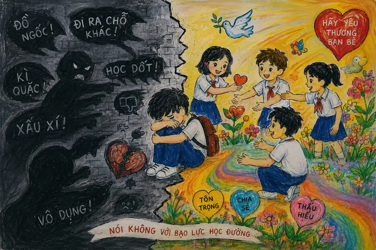 Vẽ tranh bằng nghệ thuật tương phản mạnh giữa mảng sáng và mảng tối