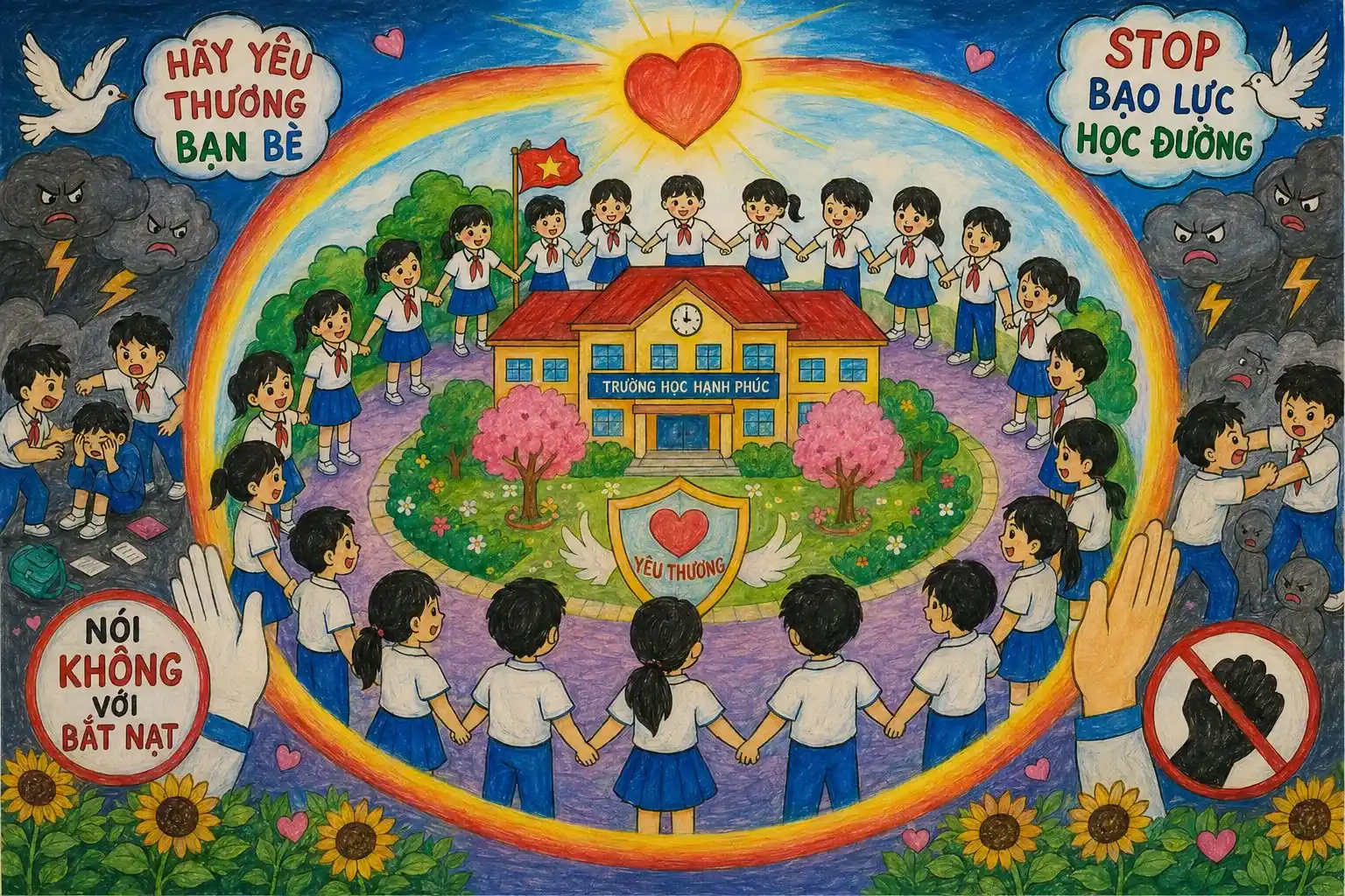 Vẽ vòng tròn yêu thương bao quanh mái trường