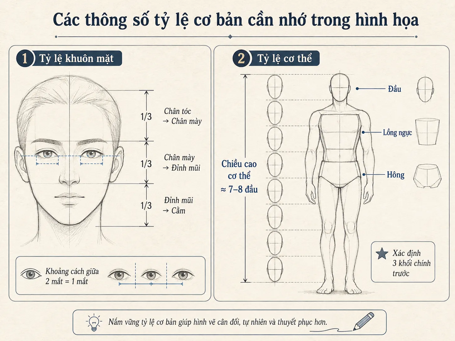 Các thông số tỷ lệ cơ bản cần nhớ trong hình họa Quy trình phác thảo dựng hình từ tổng thể đến chi tiết