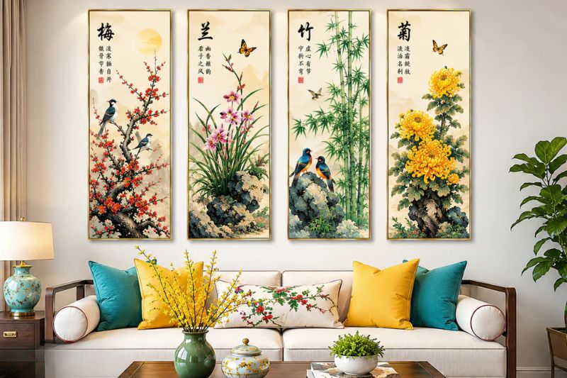 Ý nghĩa Tranh Tứ Quý Tùng Cúc Trúc Mai và cách treo chuẩn phong thủy 1 Bộ tranh tứ quý Tùng cúc trúc mai