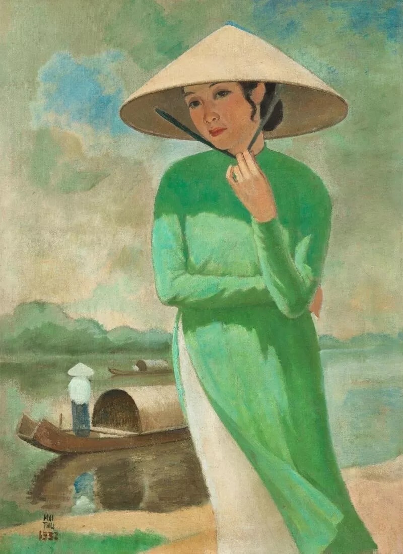 "Femme au chapeau conique le long de la rivière" (tiếng Việt: Người phụ nữ đội nón lá bên sông)
