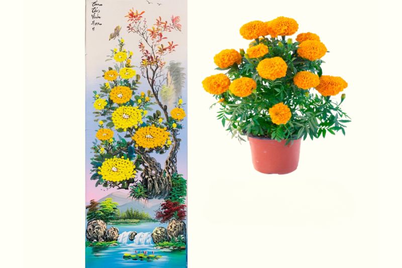 Ý nghĩa Tranh Tứ Quý Tùng Cúc Trúc Mai và cách treo chuẩn phong thủy 5 Hoa cúc trong bộ tranh tứ quý Tùng Cúc Trúc Mai