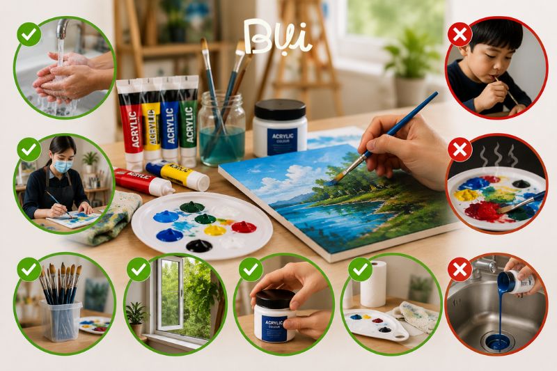 Màu Acrylic là gì? Hướng dẫn đầy đủ cho người mới bắt đầu học vẽ 11 Lưu ý an toàn khi sử dụng màu Acrylic