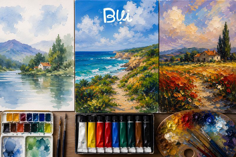 Màu Acrylic là gì? Hướng dẫn đầy đủ cho người mới bắt đầu học vẽ 2 So sánh màu Acrylic với màu nước và sơn dầu