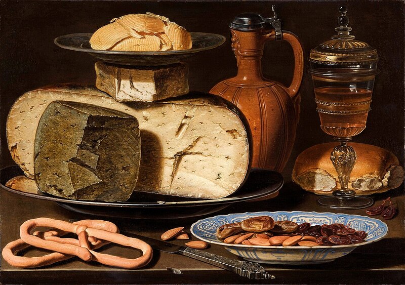 Tĩnh vật với phô mai, hạnh nhân và bánh quy xoắn (Still Life with Cheeses, Almonds and Pretzels) của Clara Peeters