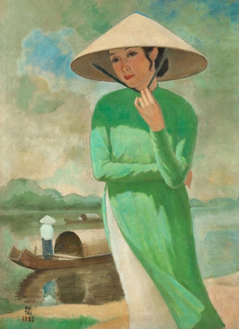 “Thiếu nữ đội nón lá bên sông” (tên tiếng Pháp: Femme au Chapeau Conique le Long de la Rivière)